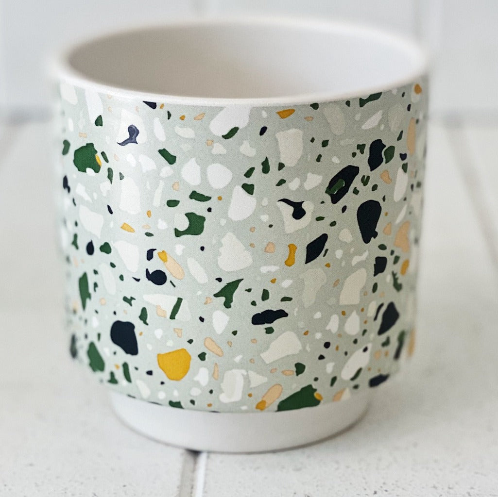 Showcase your favourite plants, succulents, and flowers with the beautiful and unique Terrazzo Pots in Small. Approx size: 10x10x10cm. Ceramic. Drainage hole and plug for your convenience.| Bliss Gifts &amp; Homewares | Unit 8, 259 Princes Hwy Ulladulla | South Coast NSW | Online Retail Gift &amp; Homeware Shopping | 0427795959, 44541523