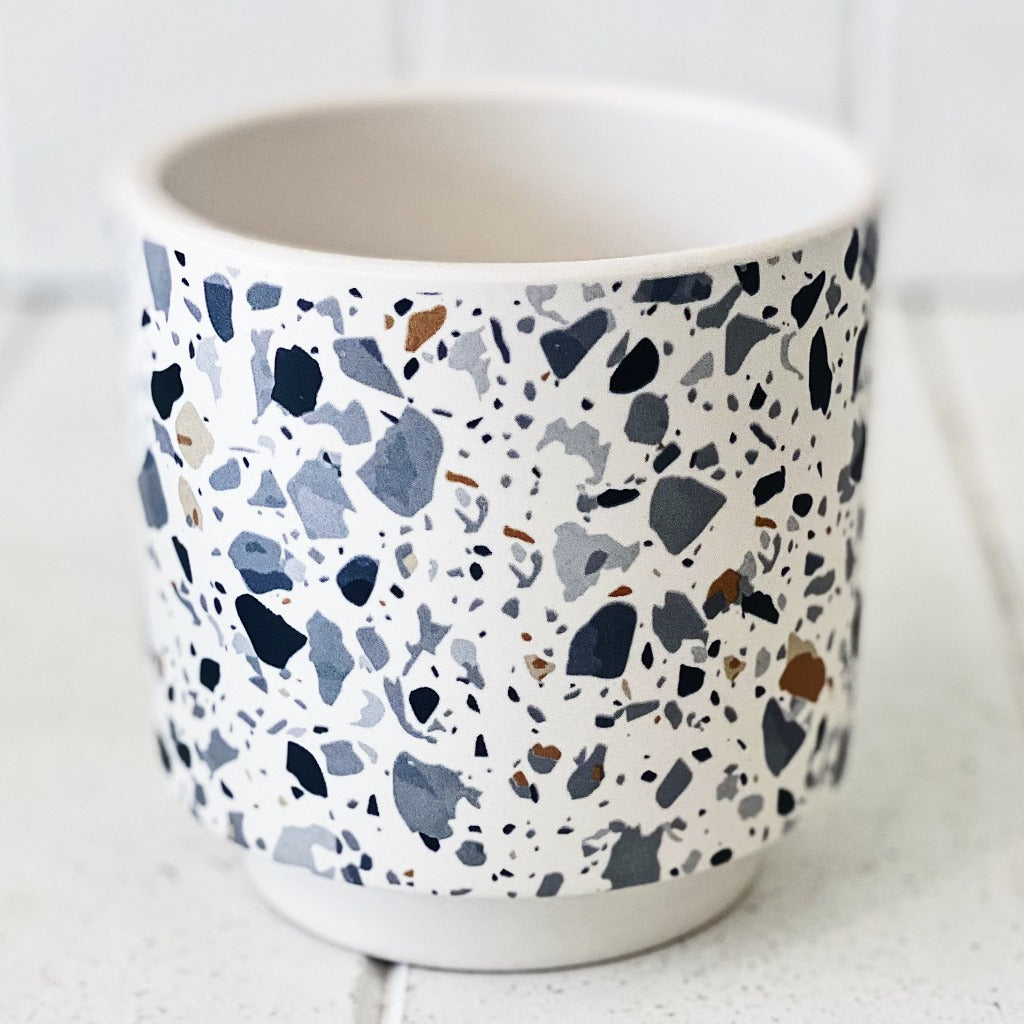 Showcase your favourite plants, succulents, and flowers with the beautiful and unique Terrazzo Pots in Small. Approx size: 10x10x10cm. Ceramic. Drainage hole and plug for your convenience.| Bliss Gifts &amp; Homewares | Unit 8, 259 Princes Hwy Ulladulla | South Coast NSW | Online Retail Gift &amp; Homeware Shopping | 0427795959, 44541523