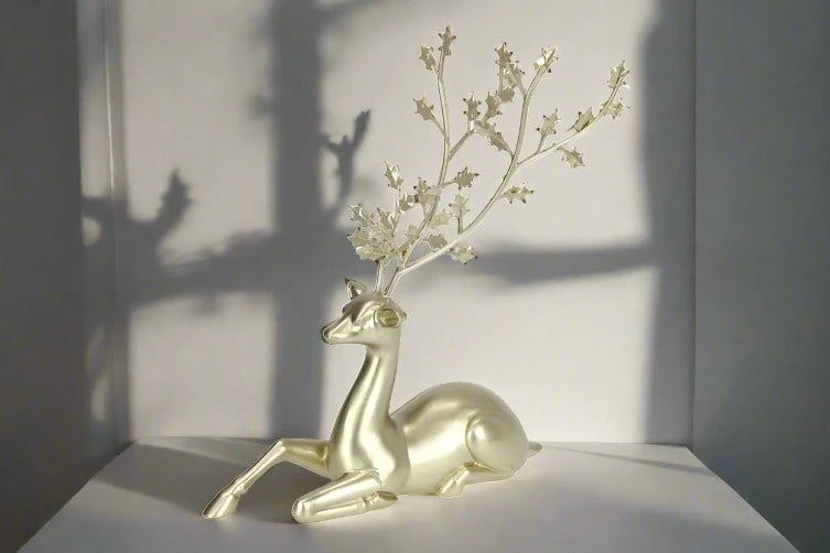 Sitting Champagne Reindeer Metal Antlers Ornament Figurine Statue