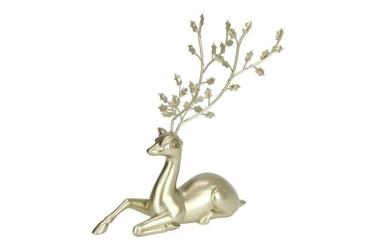 Sitting Champagne Reindeer Metal Antlers Ornament Figurine Statue