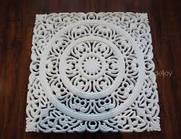 Mandala Wooden Wall Art 55cm Square-Carved Lattice Filigree, White Bohemian