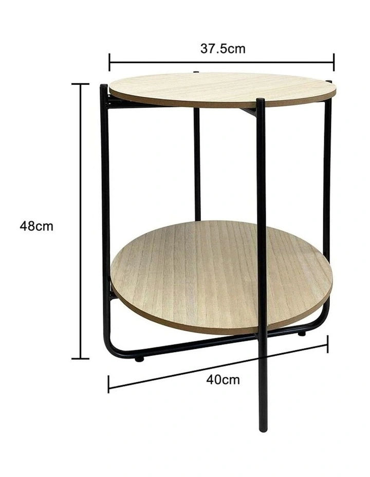 Natural wood round bedside table with shelf