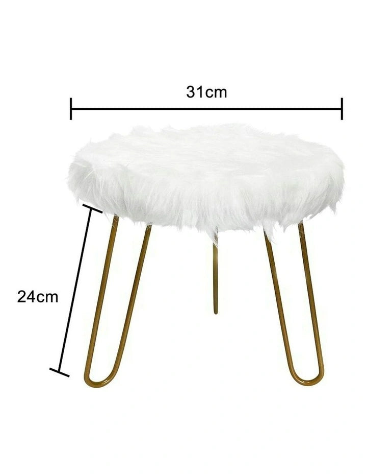 White Faux Fur Footstool with Wooden Legs