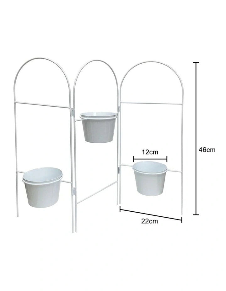 Three tier white planter stand with pots for indoor plants