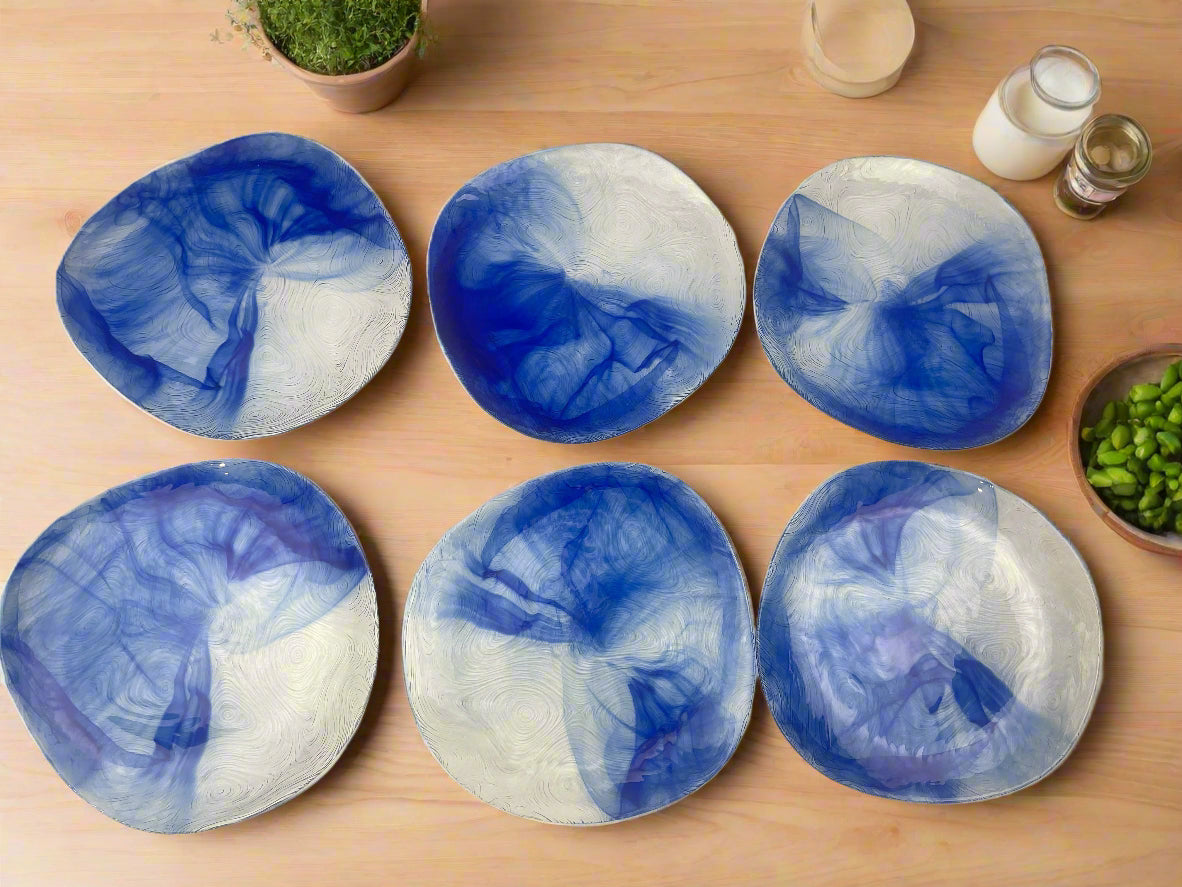 Pasabahce Linden Batik Blue & Silver Swirl Entree Plates