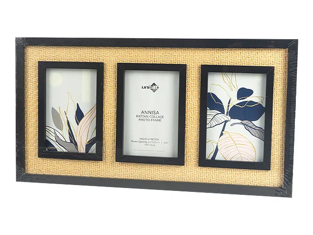 Black & Natural Annisa Rattan 3 Photo Collage Photo Frame
