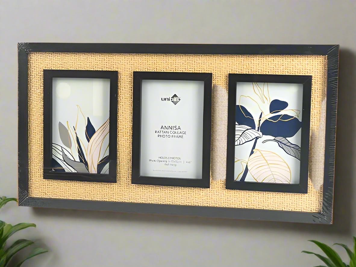 Black & Natural Annisa Rattan 3 Photo Collage Photo Frame