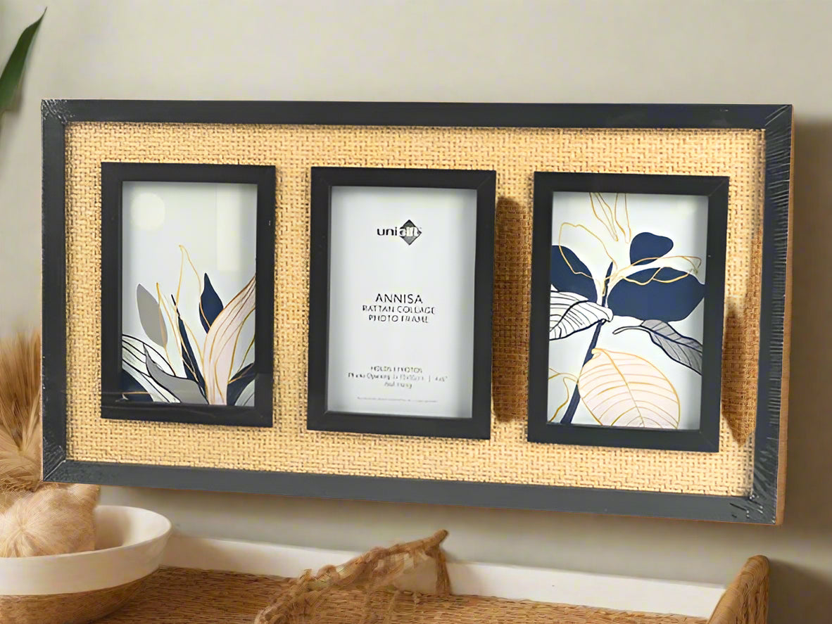 Black &amp; Natural Annisa Rattan 3 Photo Collage Photo &amp; Frame