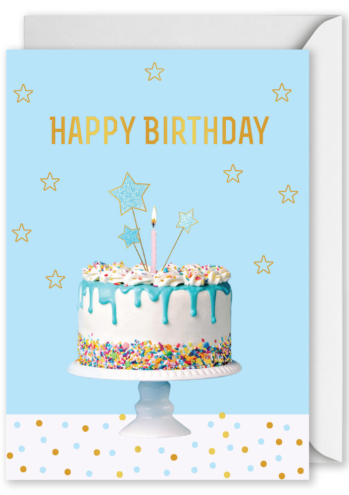 Birthday greeting card with foiled Happy Birthday cake illustration