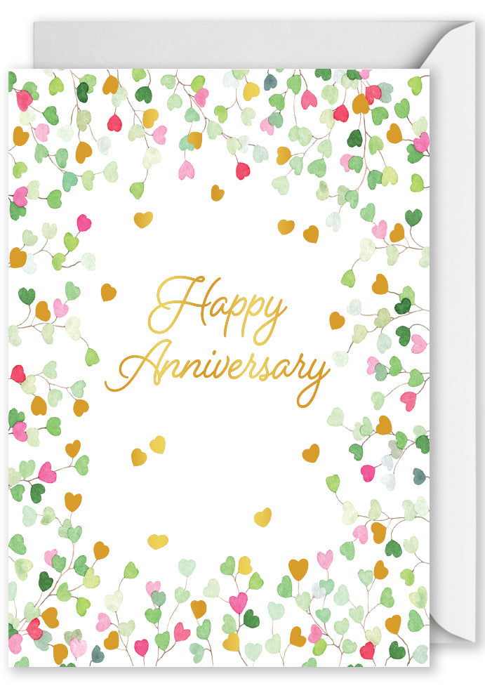 Foiled Vertical Anniversary Card: “Happy Anniversary” Heart Leaves
