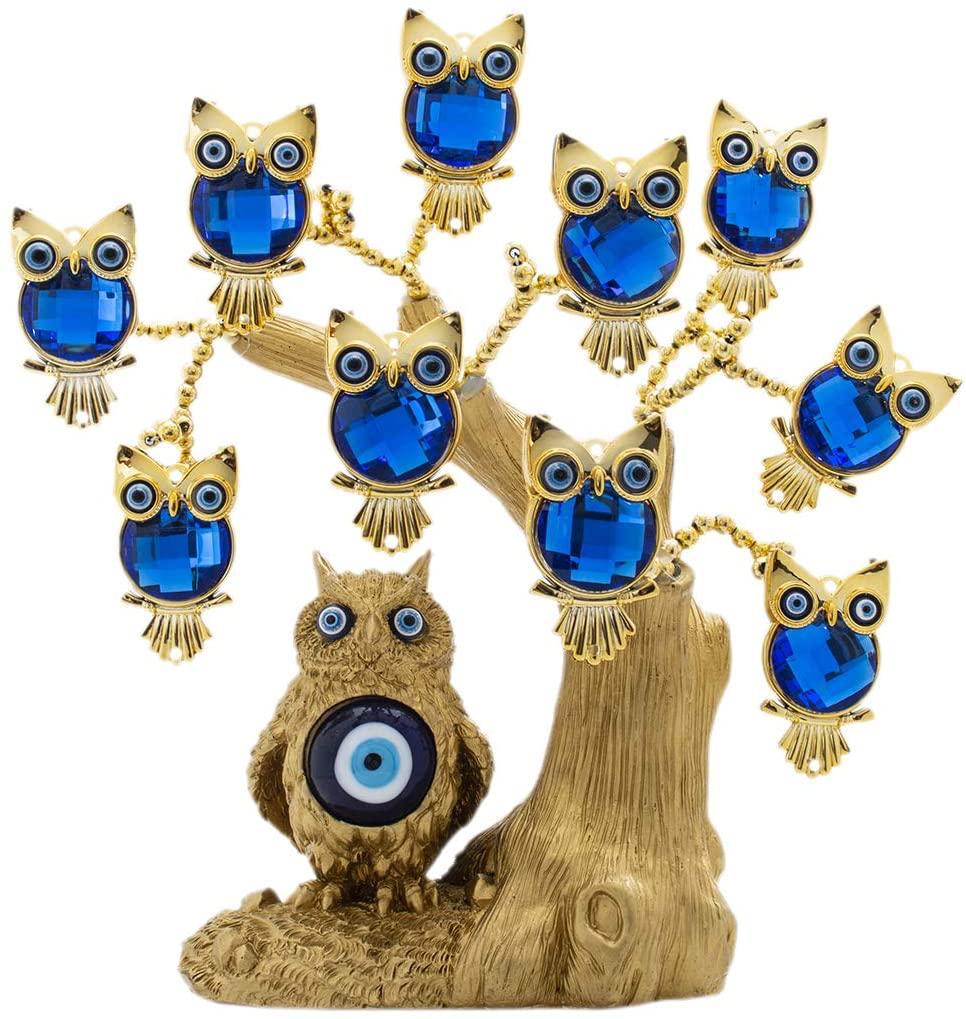 Blue Evil Eye Tree for Protection Gold Owl Shape