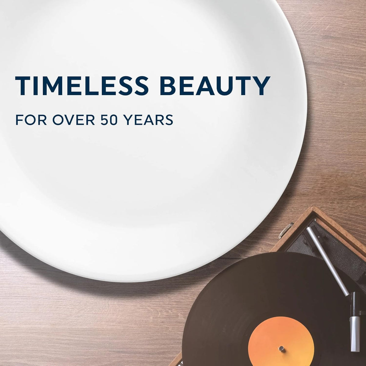 Vinyl record player with a vinyl record on a wooden surface, featuring text &#39;Timeless Beauty for over 50 years&#39;.