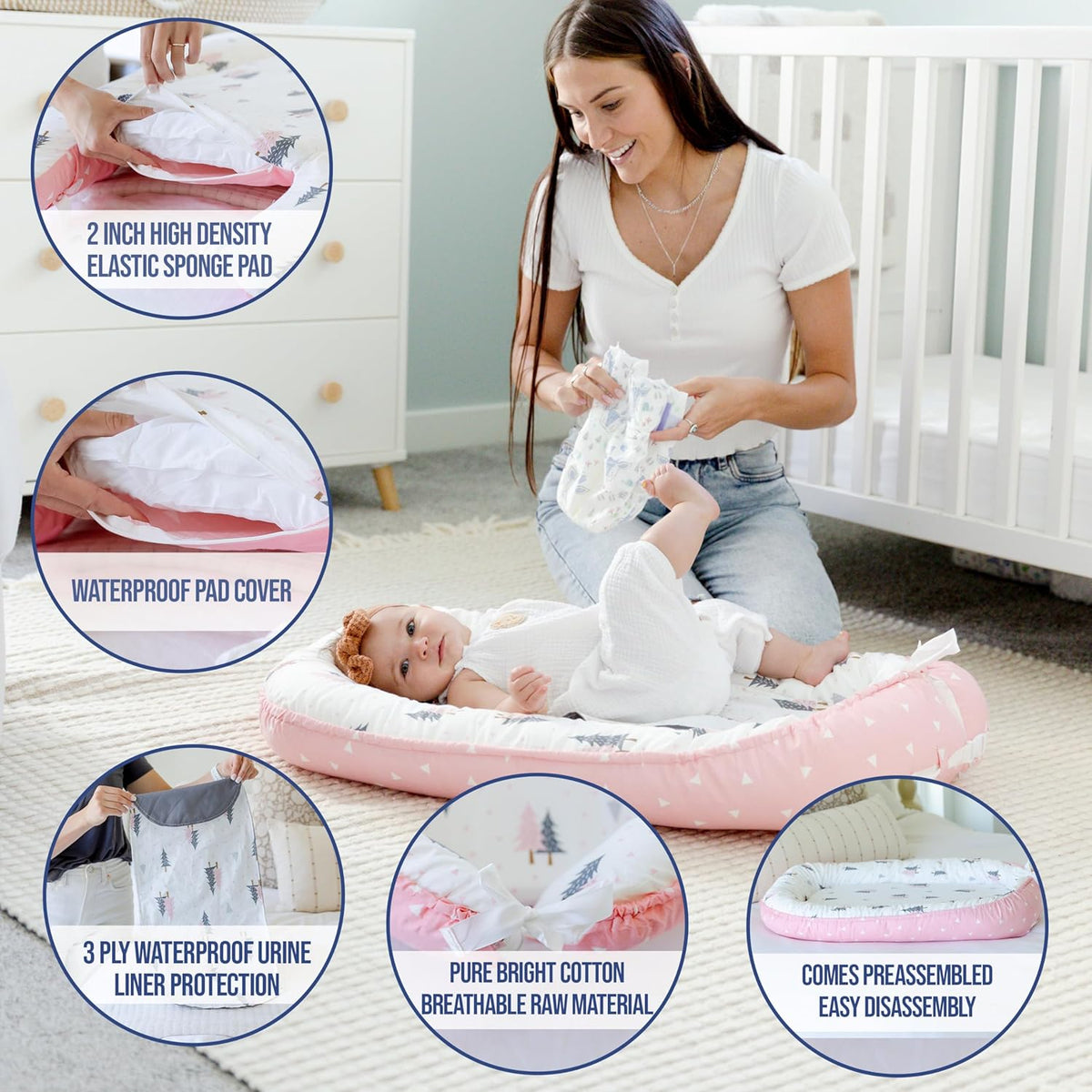 Baby Nest, Baby Lounger, Baby bed for Infant & Newborn Babies, 100% cotton - Cuteably