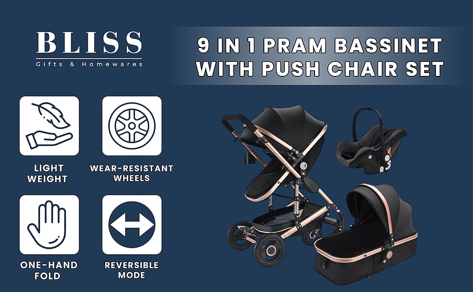 Cuteably® Baby Pram - 9 in 1 Pram Bassinet with Push Chair Set - BLACK