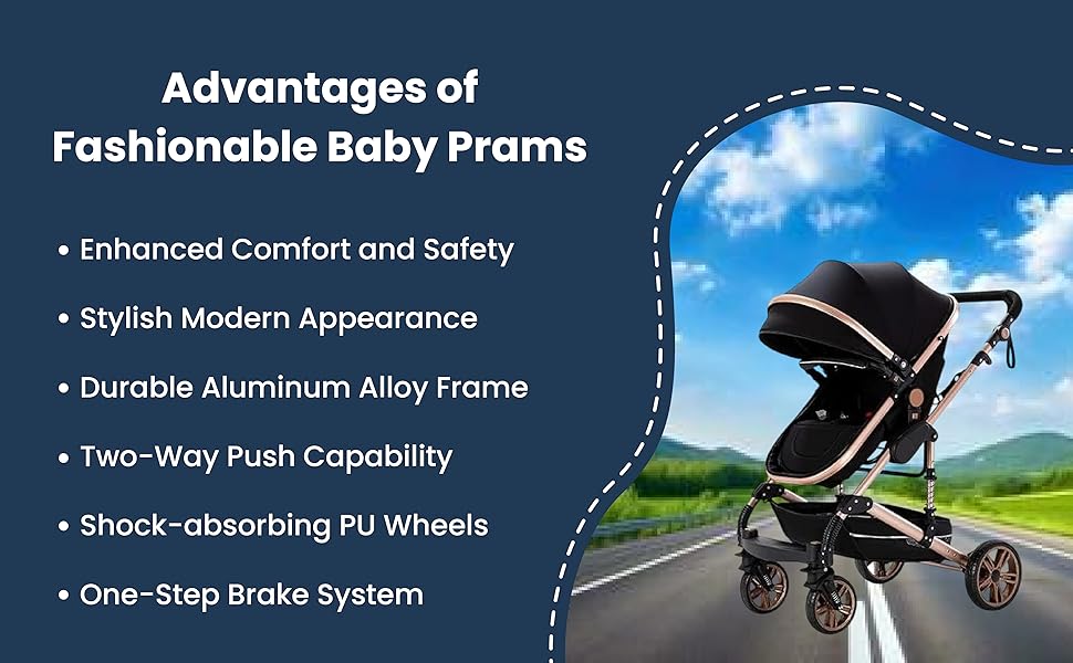 Cuteably® Baby Pram - 9 in 1 Pram Bassinet with Push Chair Set - BLACK