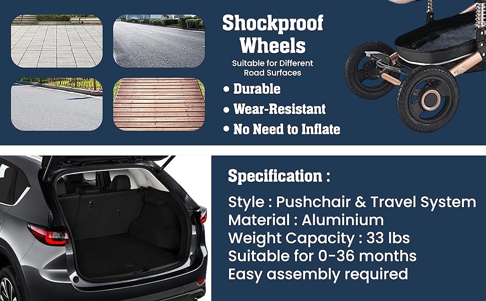 Cuteably® Baby Pram - 9 in 1 Pram Bassinet with Push Chair Set - BLACK