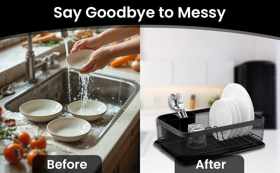 Before and after comparison of a kitchen sink with dishes and a dish rack.
