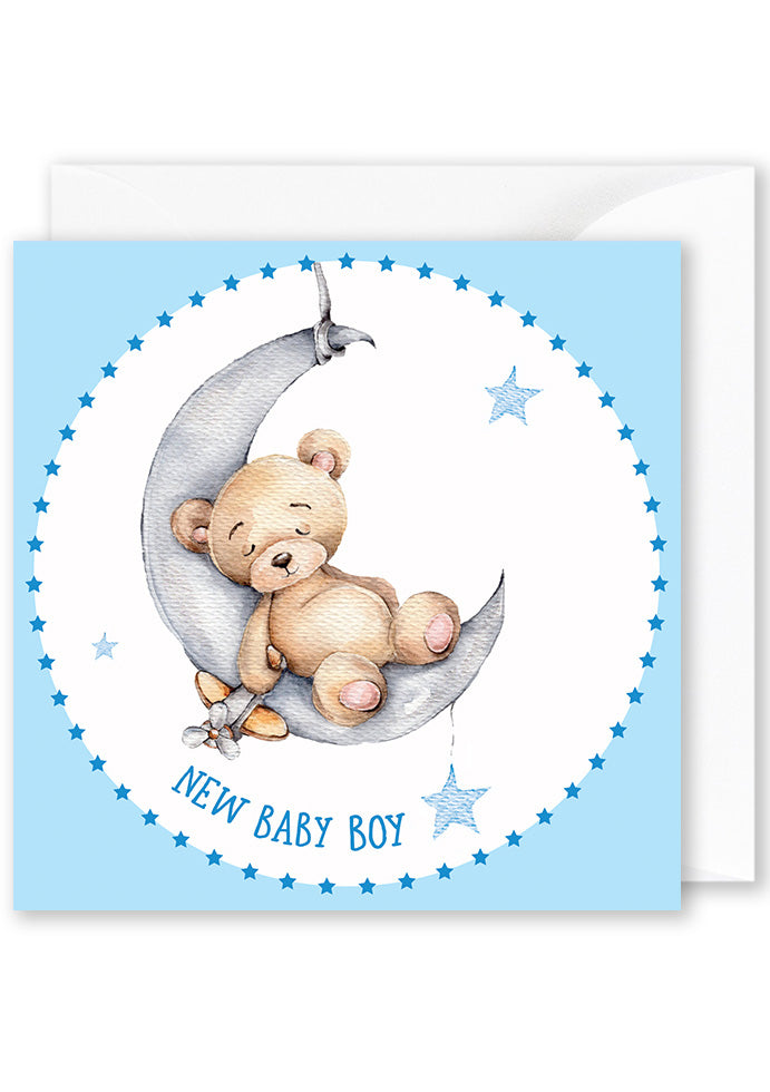 Square Card New Baby Boy Bear on Blue greeting card with envelope Australia