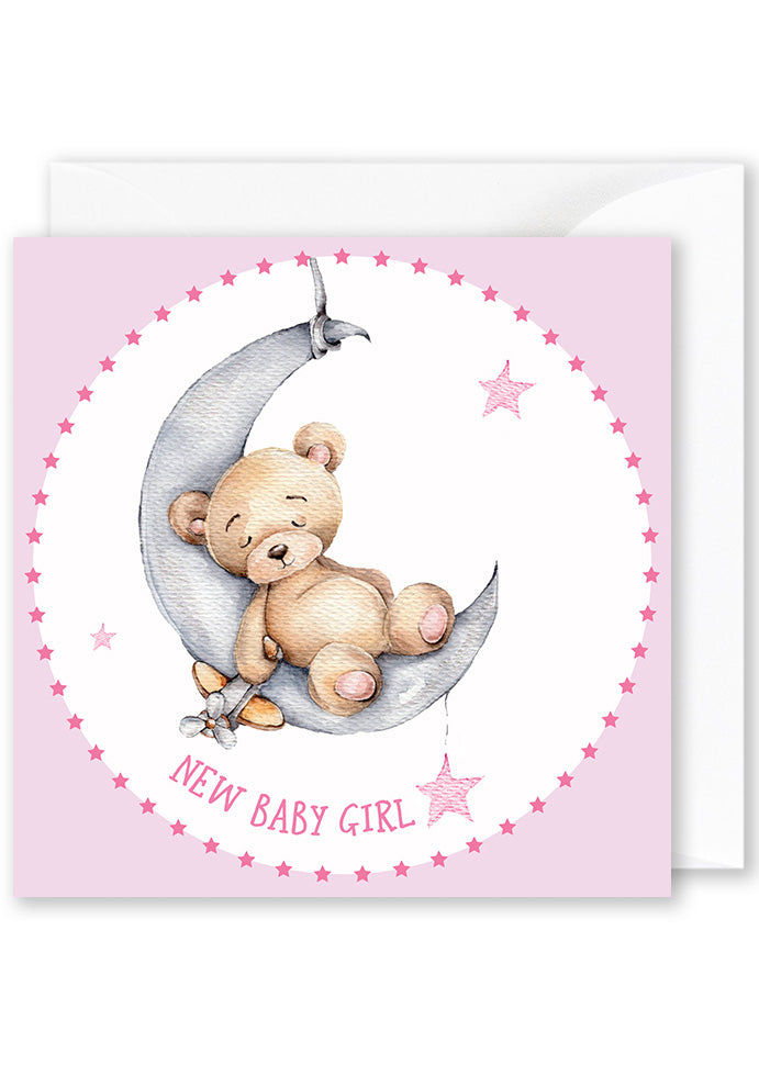 Square Card: “New Baby Girl” Bear on Pink