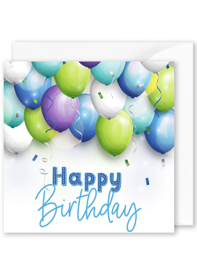 happy birthday card blue green balloons
