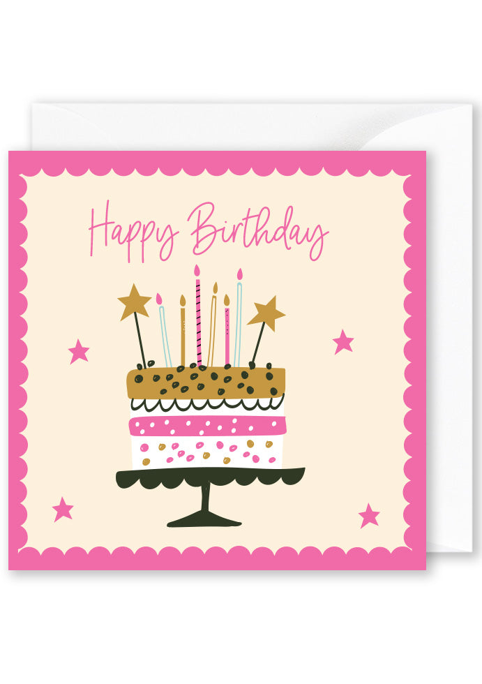 Birthday Card Happy Birthday cake with candles on stand square greeting card with envelope Australia