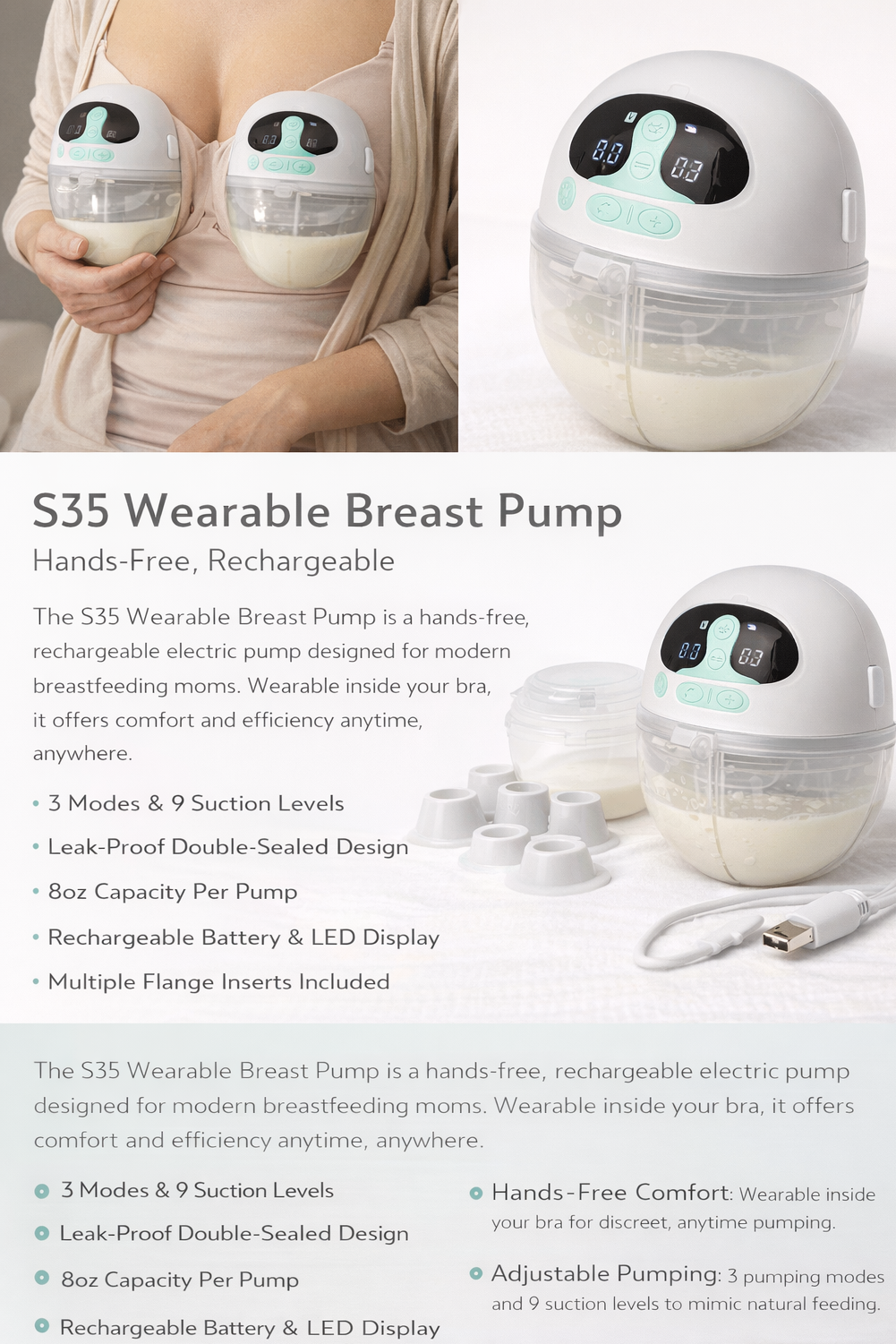 Cuteably S35  Wearable Breast Pump Hands-Free, Double Wireless Pump Upgraded with Comfortable Flange 17mm, 19mm, 21mm Inserts, Electric Breast Pump Portable Wireless Low Noise, 4 Modes & 6 Levels Suction, 24mm flanges, 2 Pack (Copy)