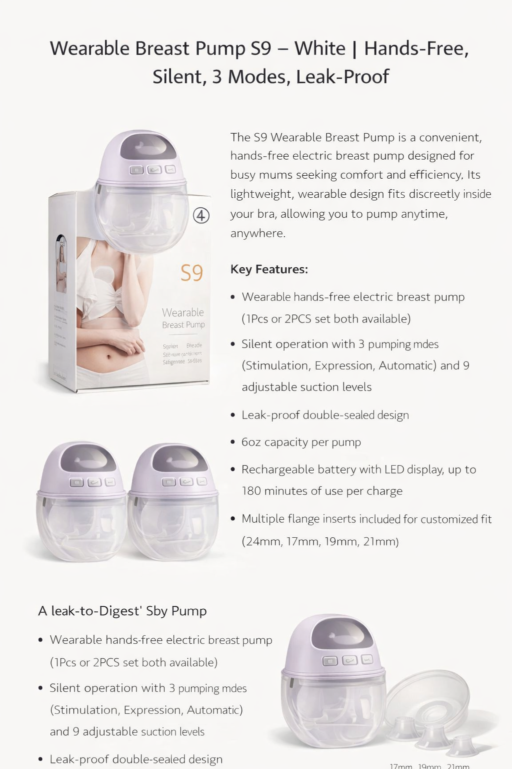 Cuteably S9 Wearable Breast Pump – White | Silent, Hands‑Free, Leak‑Proof, 3 Modes