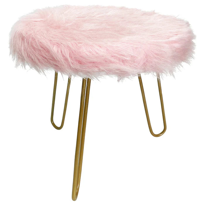 Faux fur shaggy pink 3 legged child stool footstool