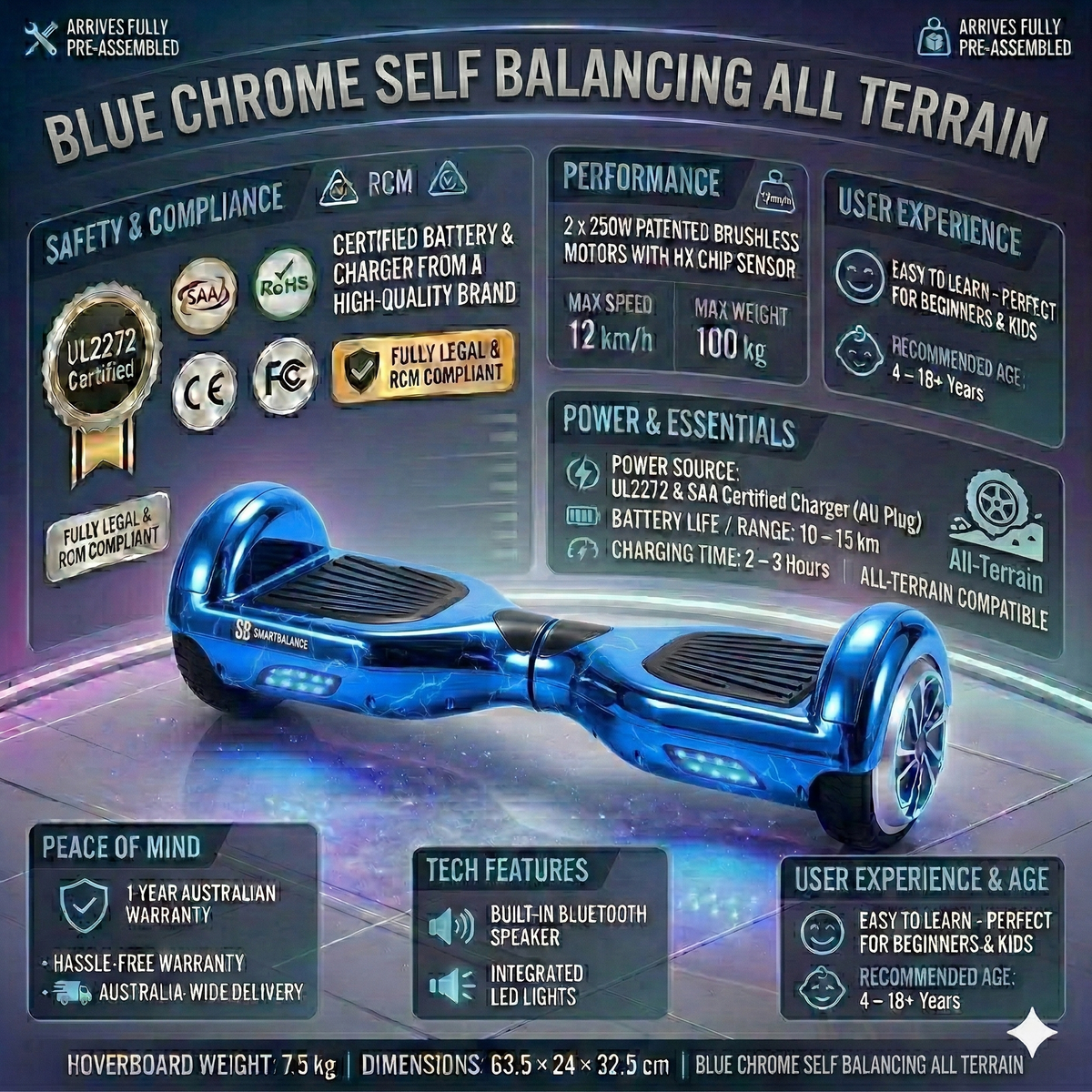 Electric hoverboard blue chrome design for beginners and teens