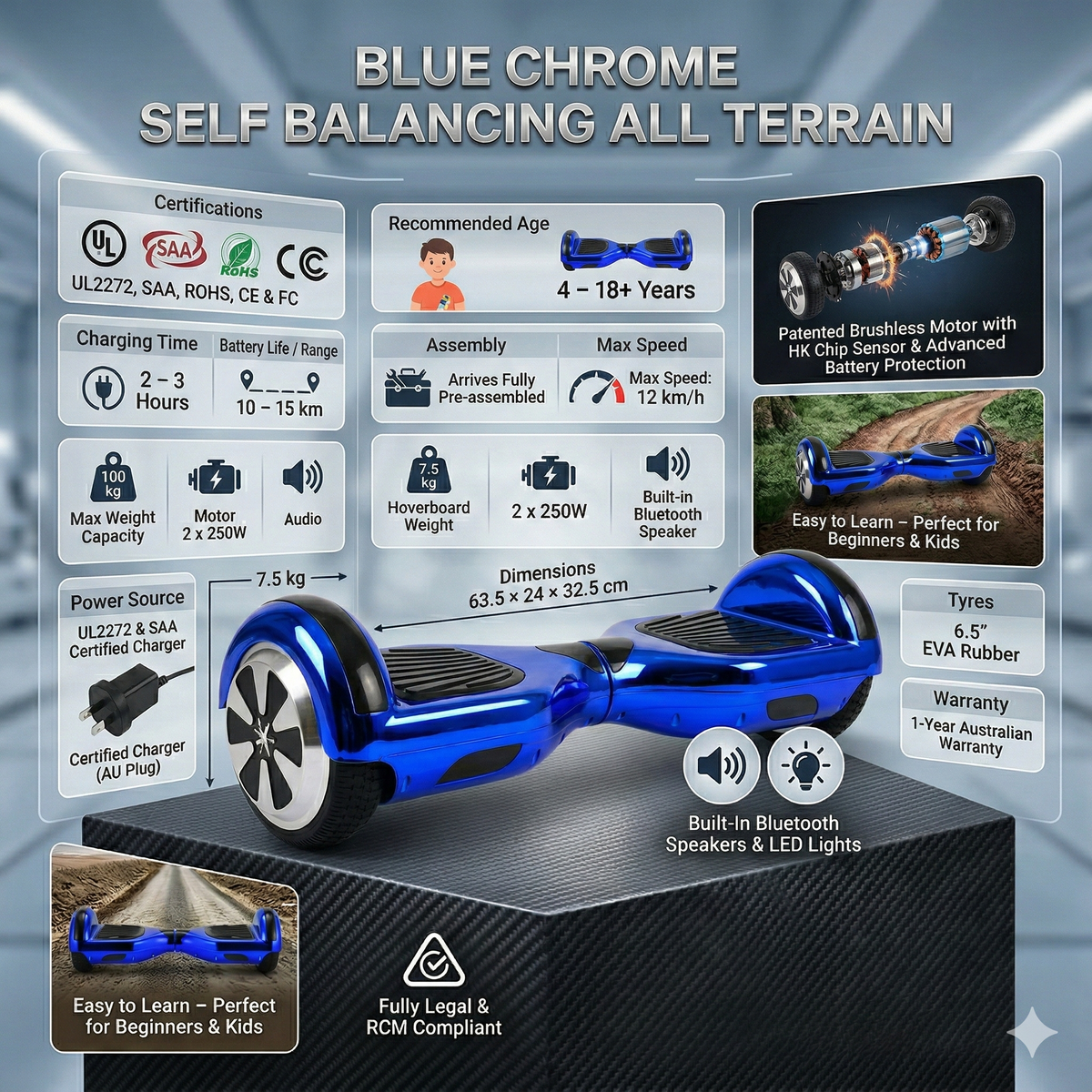 Self balancing scooter blue chrome all terrain hoverboard 6.5 inch