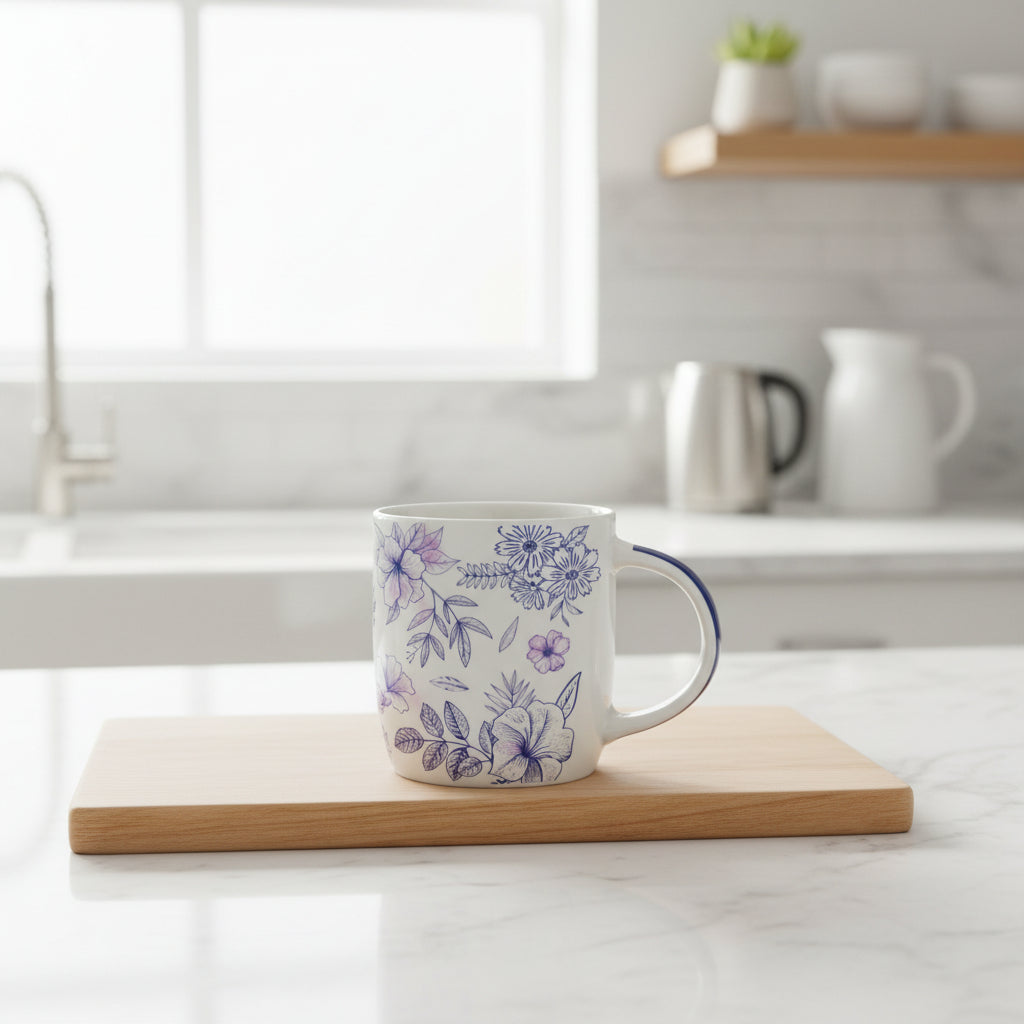 Close-up of blue floral motif on a high-quality bone china tea cup.