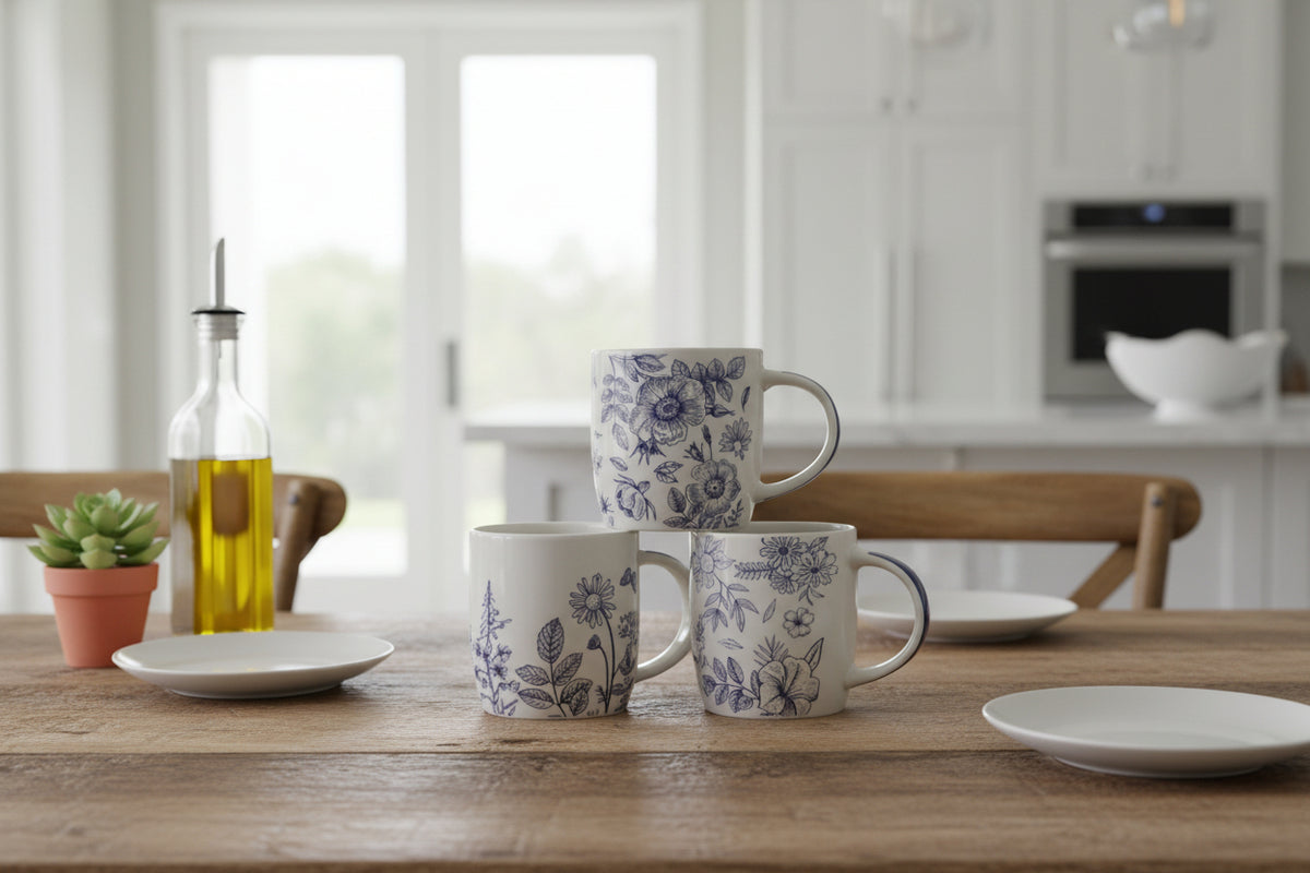 Detailed view of blue floral design on a fine bone china tea mug.