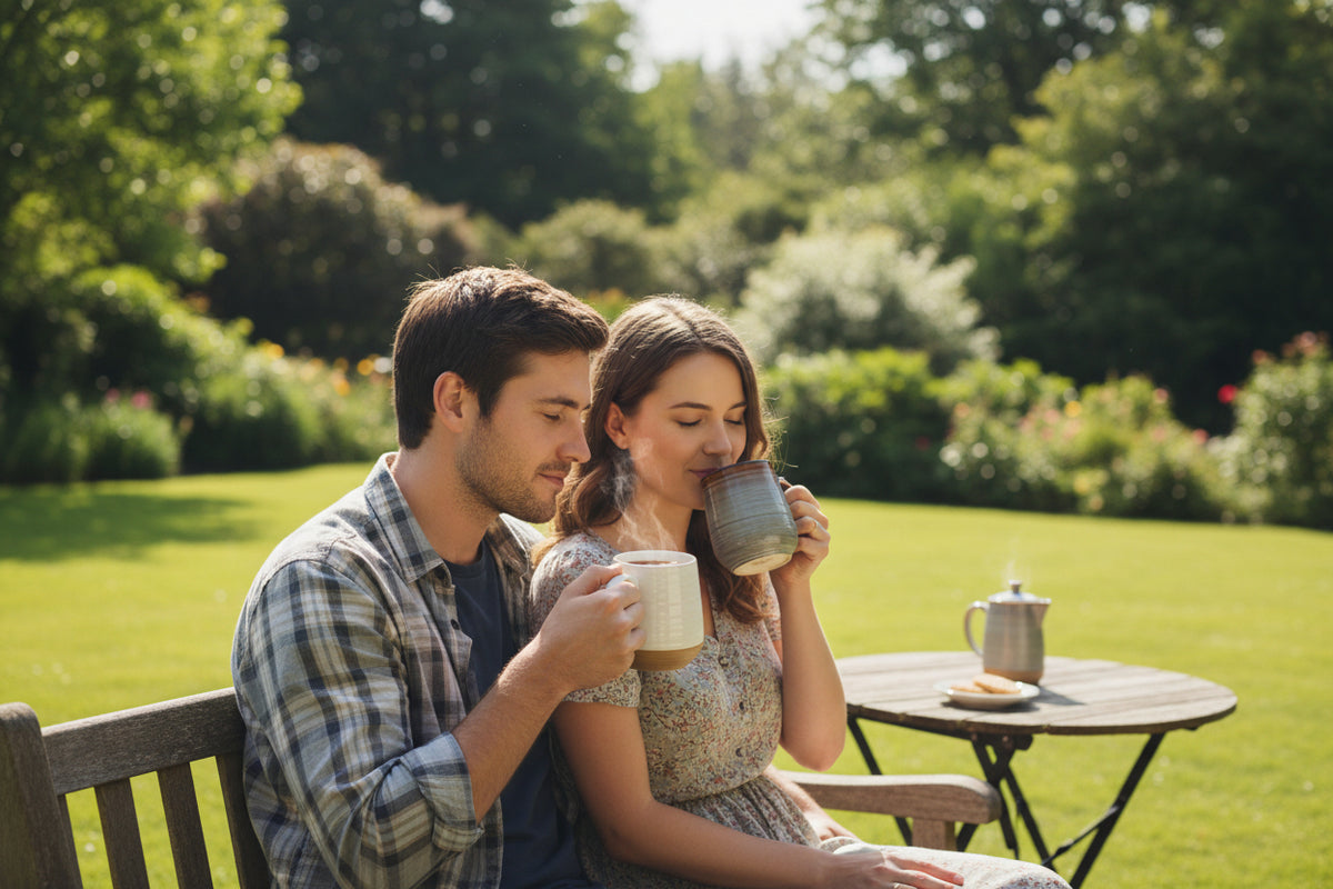 Man and woman sitting on a bench in a garden, enjoying tea.