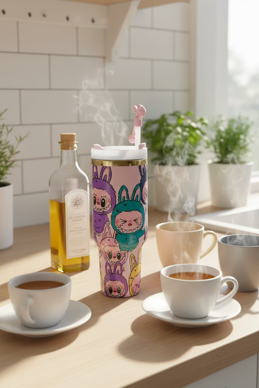 Labubu Quencher H2.0 Tumbler – Labubu Edition 40oz Insulated Stainless Steel Cup with Handle, Straw & Spill-Resistant Lid, Keeps Drinks Hot/Cold