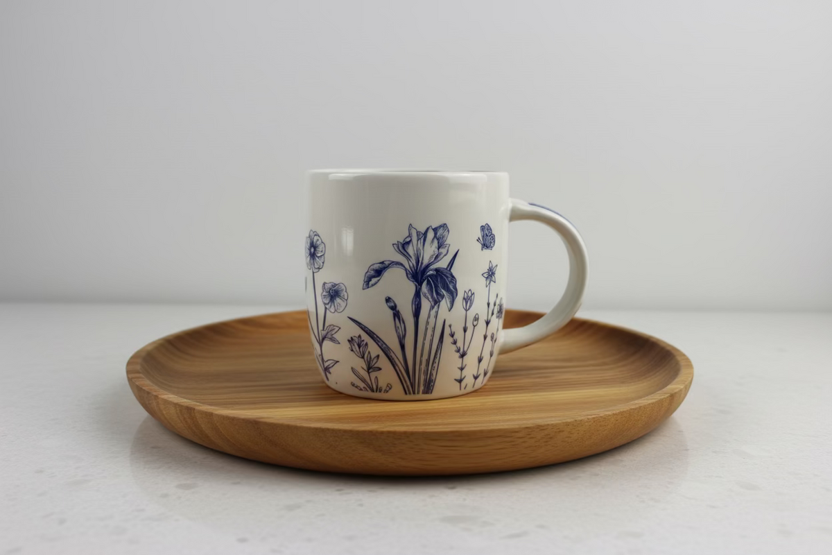 Artisan-style blue floral bone china mug, suitable for daily use.