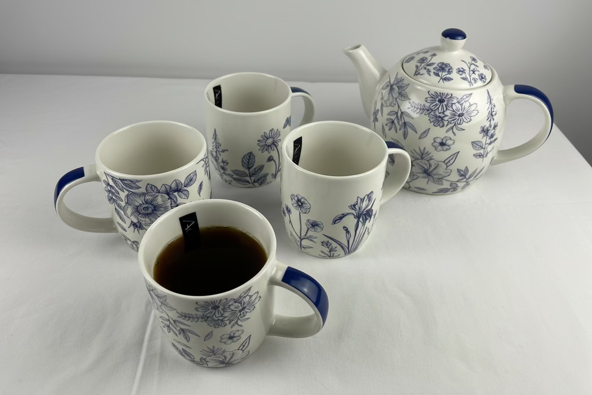 Close-up of blue floral motif on a high-quality bone china tea cup.