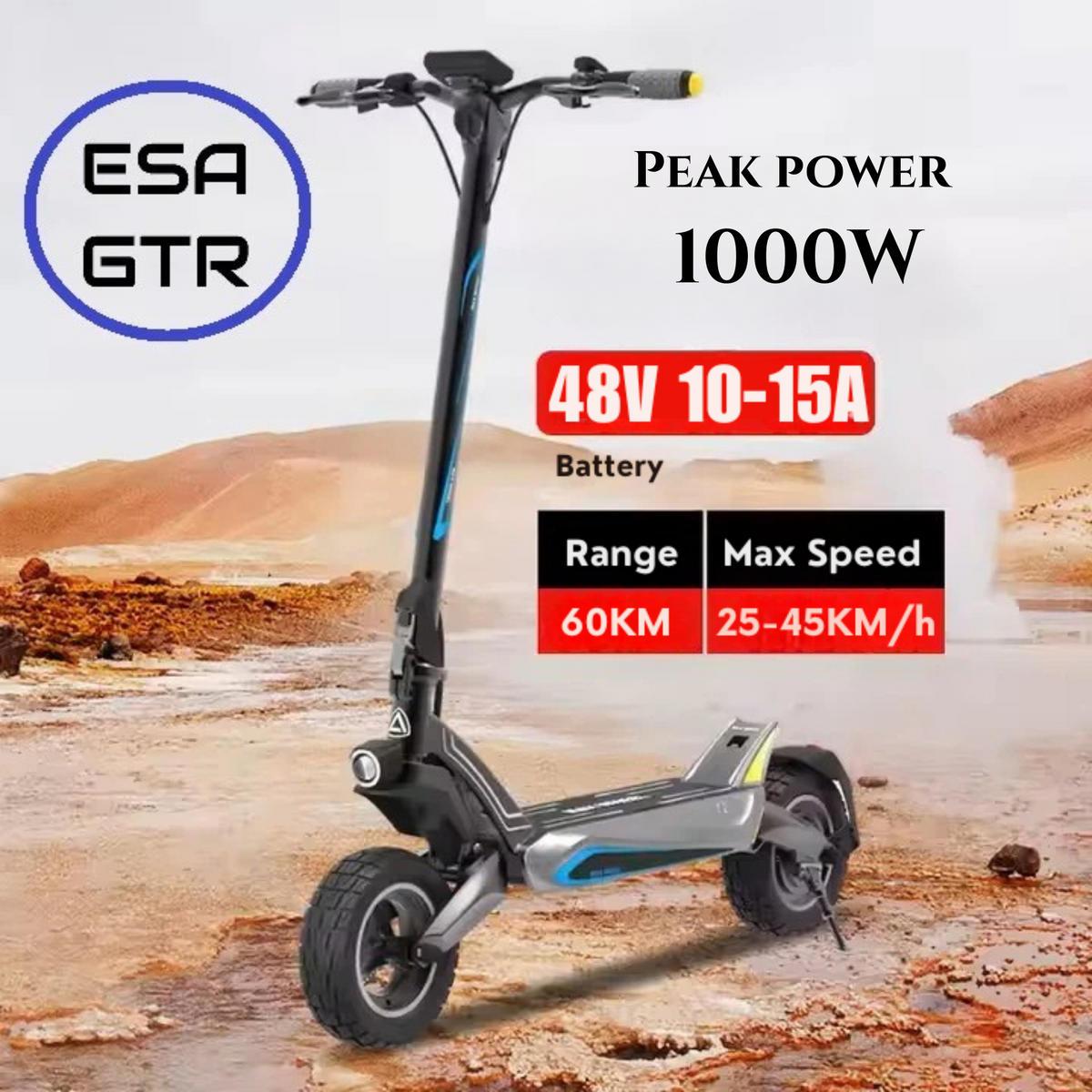 ESA GTR – Powerful 1000 W Peak Electric Scooter, Long-Range 48V 15Ah, 25–45 km/h Off-Road E-Scooter