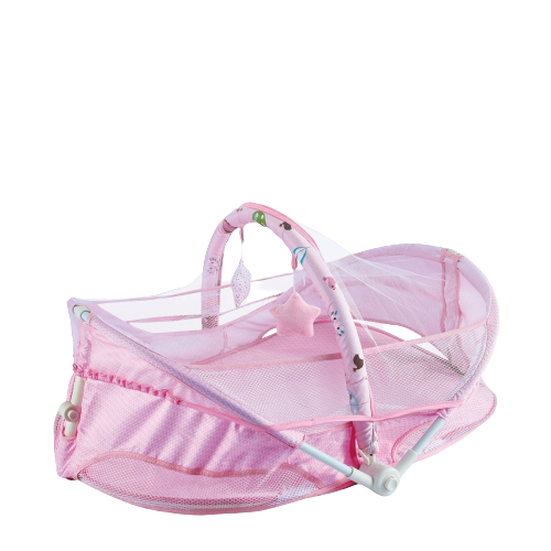 Pink portable folding baby bed for easy travel.