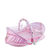 Pink portable folding baby bed for easy travel.