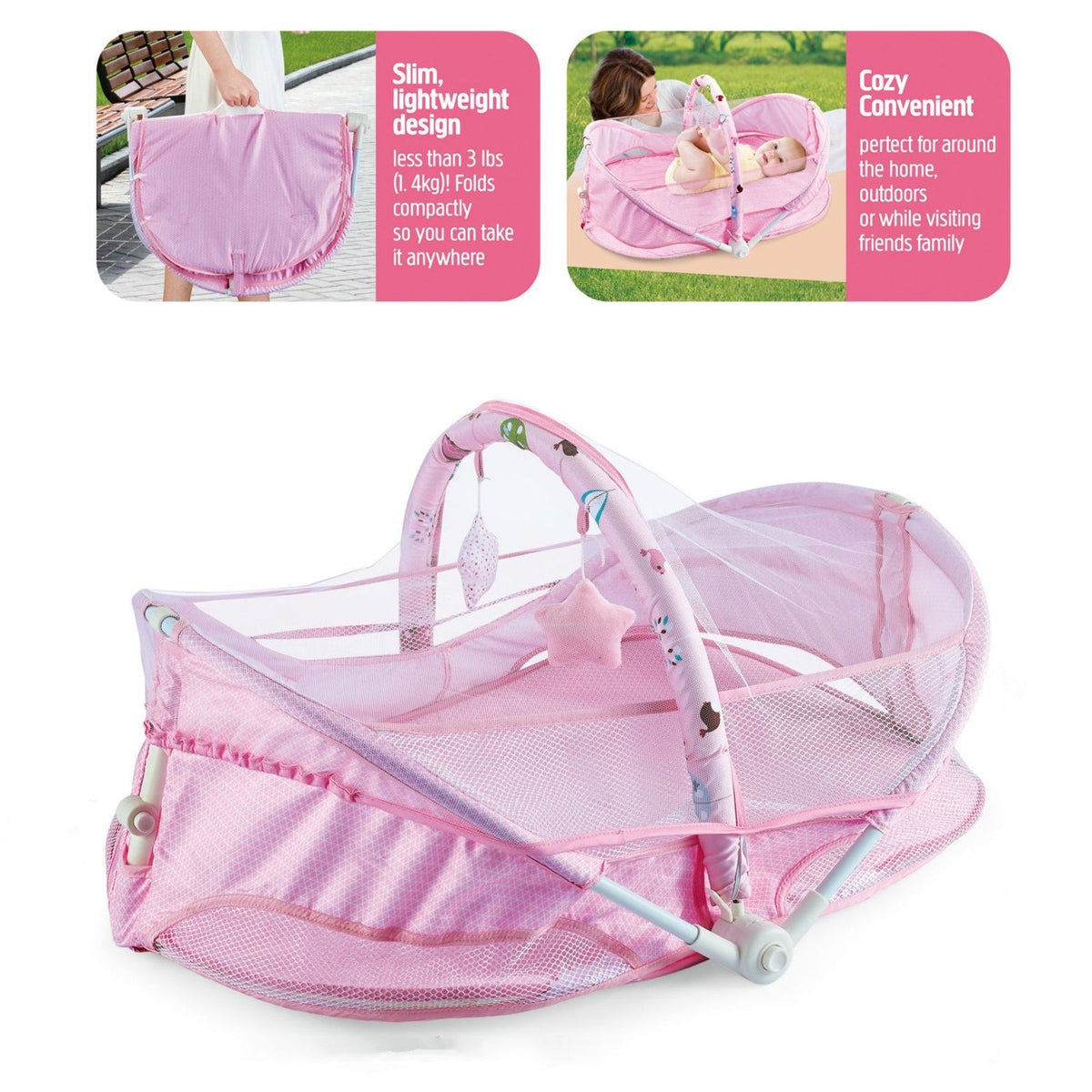 Lightweight pink folding baby bed for convenient use.
