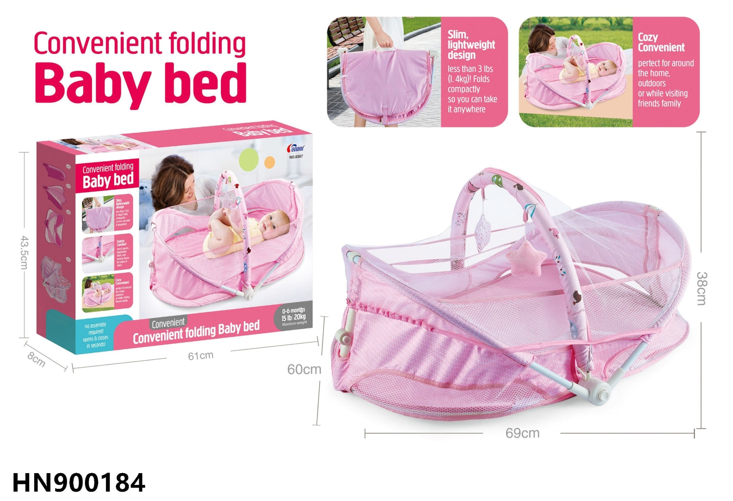 Pink portable folding baby bed for easy travel.