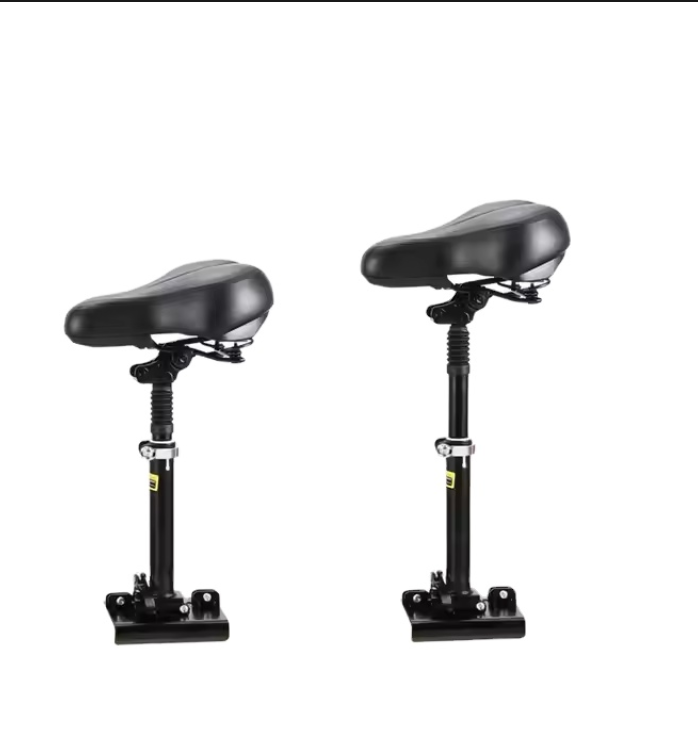 Black electric scooter with a seat on a white background