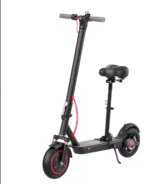 Black electric scooter with a seat on a white background