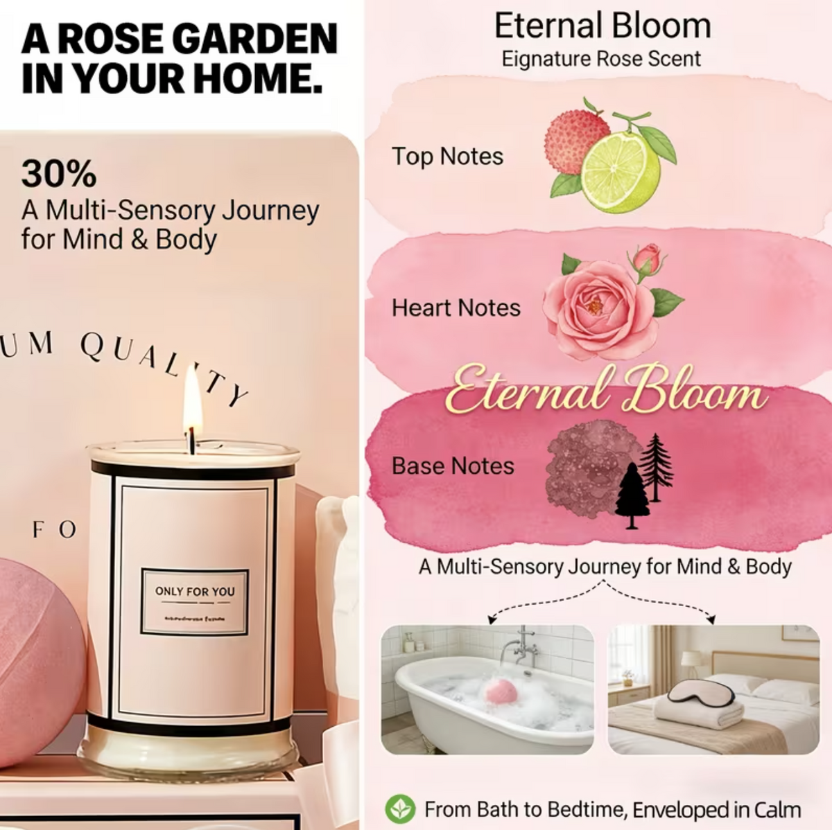 rose scented bath bomb and candle set