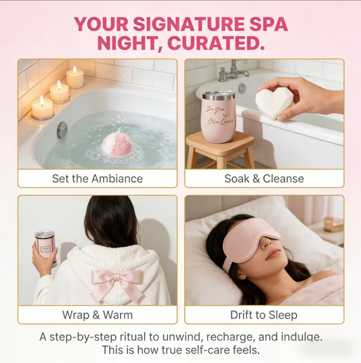 Luxury 7-in-1 Self Care Gift Set (Hamper)– Rose Spa Pamper Box - Bath Bomb, Candle, Tumbler, Silk Eye Mask & More "Gift for Her"