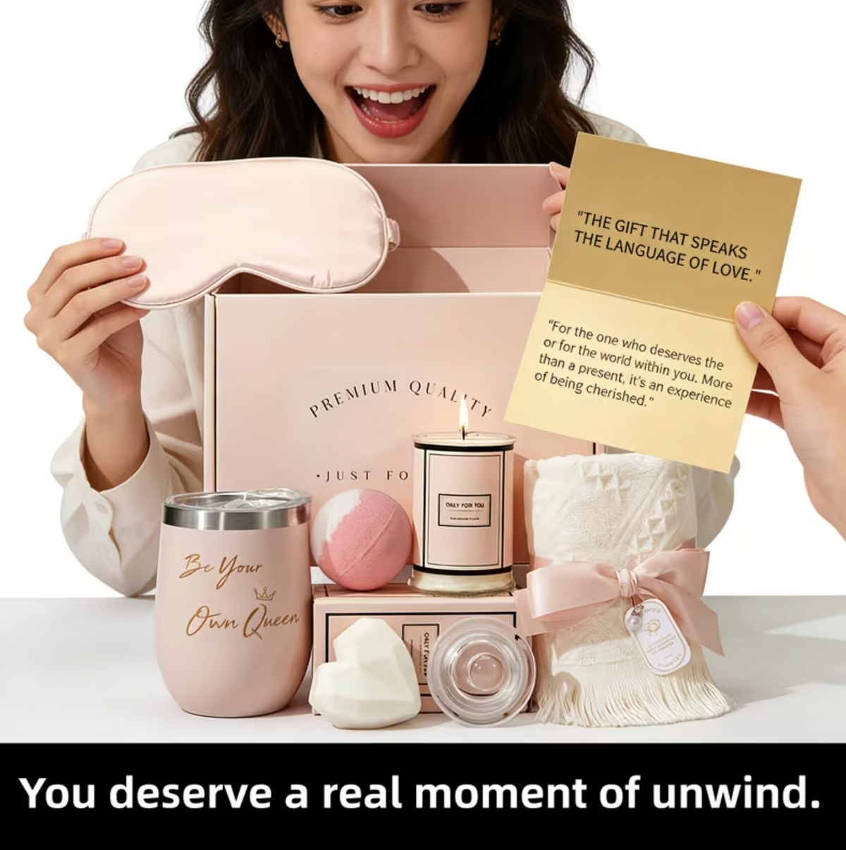 Luxury 7-in-1 Self Care Gift Set (Hamper)– Rose Spa Pamper Box - Bath Bomb, Candle, Tumbler, Silk Eye Mask & More "Gift for Her"