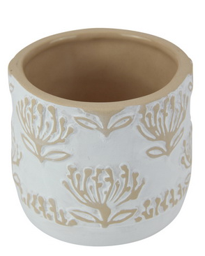 Ceramic planter with beige floral patterns 