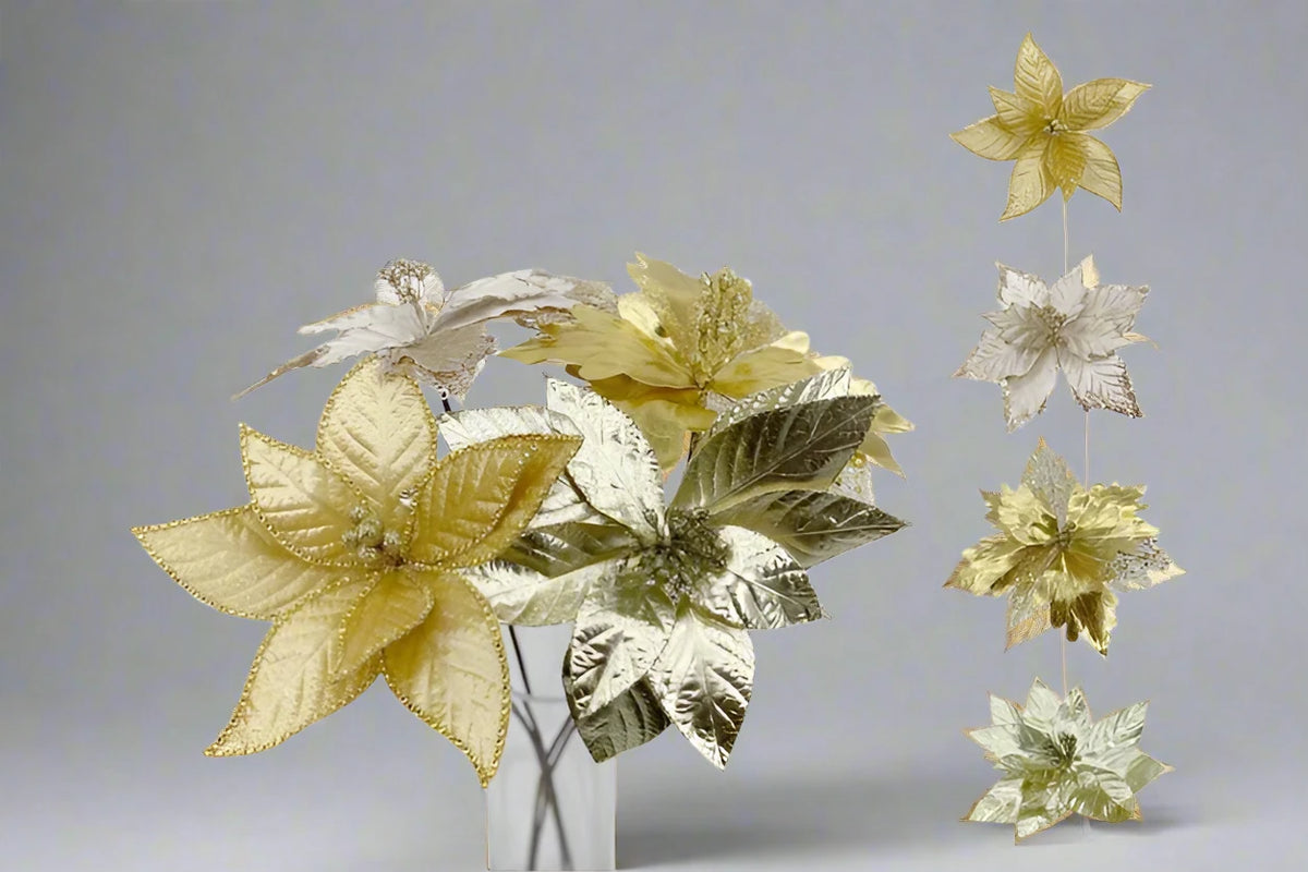 24 Xmas Glam Poinsettia Stem Flower Assort 60cm