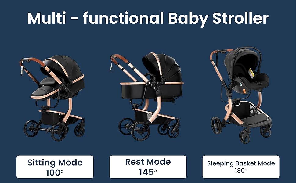 Cuteably® Baby Pram - 9 in 1 Pram Bassinet with Push Chair Set - BLACK