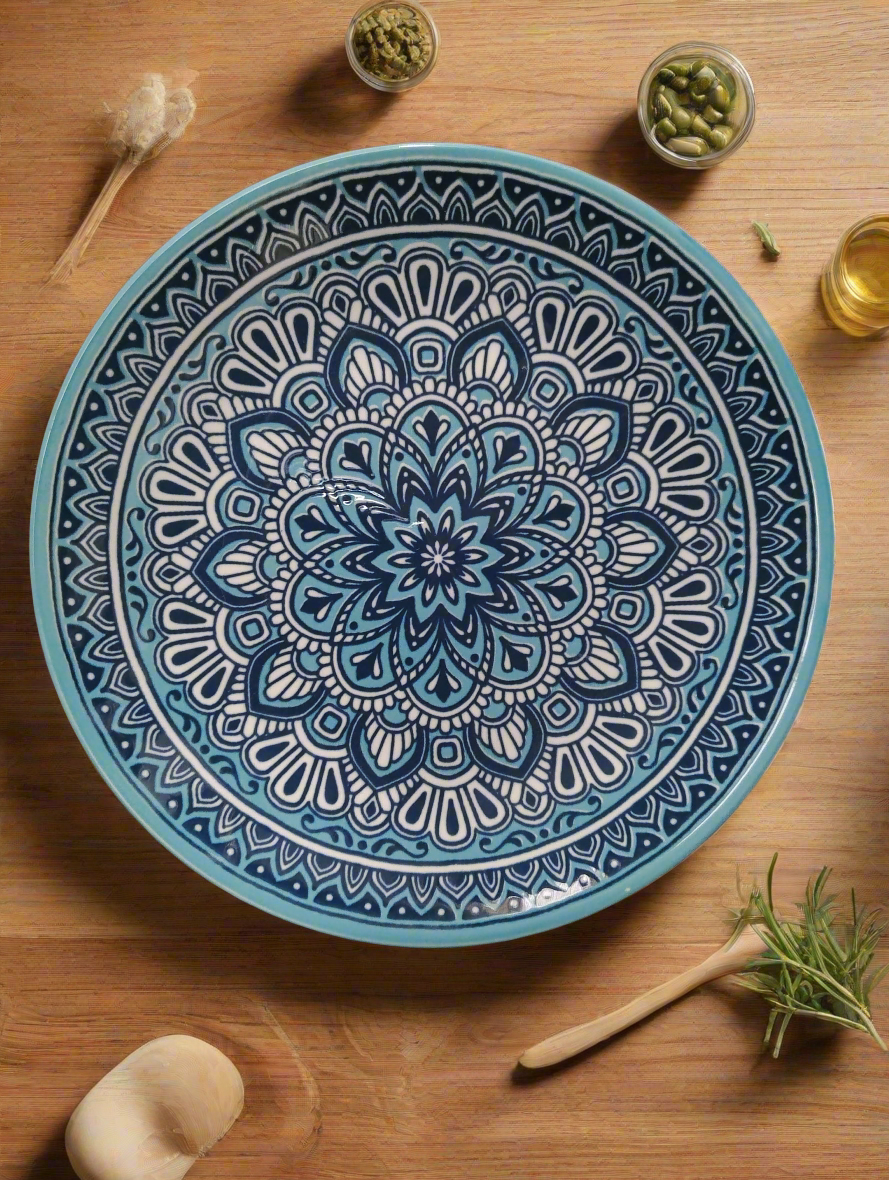 Decorative blue and white mandala plate 